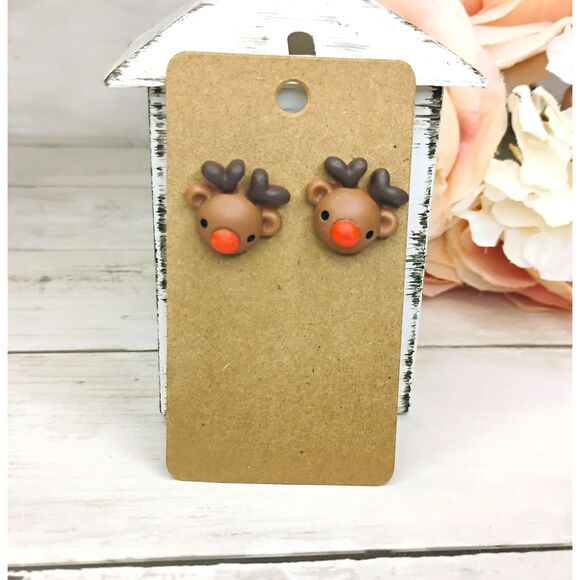 NEW Christmas/Holiday Reindeer Earrings Resin 3-D Studs Fun Xmas Jewelry - Picture 1 of 1